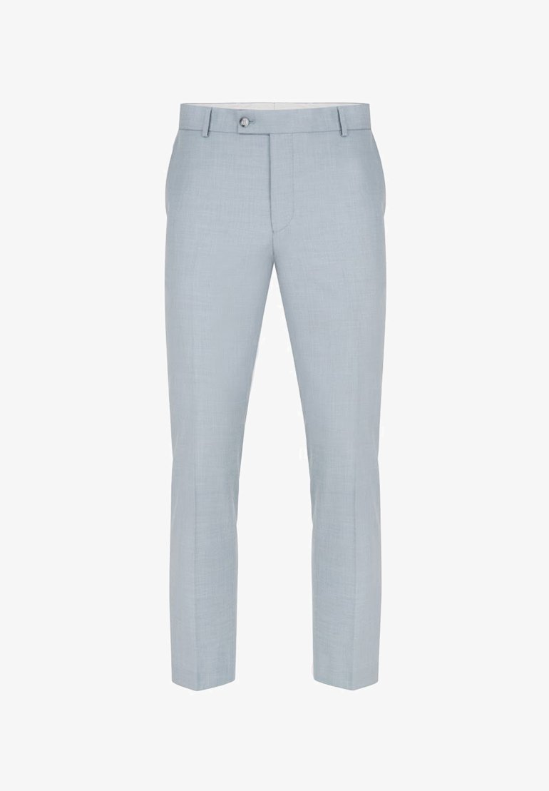 Jasnoniebieskie, dopasowane spodnie wykonane z gładkiego materiału. Posiadają zapięcie na guzik, zwężane nogawki oraz minimalistyczny design bez widocznych wzorów.