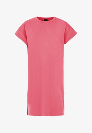 Vestido de camiseta rosa, de manga corta, con cuello redondo, ajuste relajado, aberturas laterales en el dobladillo, hecho de tejido suave, diseño minimalista.