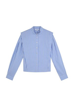 Chemise à manches longues rayée bleue et blanche avec un col arrondi, des boutons sur le devant, et une conception d'épaules structurée.