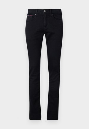 Juodi džinsai, pagaminti iš denimo, su siauru siluetu, penkių kišenių dizainu ir mažais raudonais bei mėlynais akcentais ant priekinės kišenės.