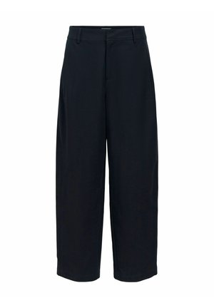 Black wide-leg trousers with belt loops, flat front, and side pockets, displayed on a white background.