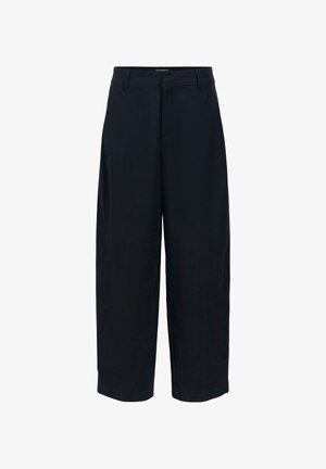 Black wide-leg trousers with belt loops, flat front, and side pockets, displayed on a white background.