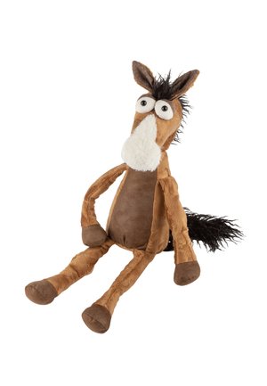 Peluche de cheval marron avec une crinière texturée, de grands yeux et un museau blanc. Corps en tissu doux, membres mobiles et une queue duveteuse.