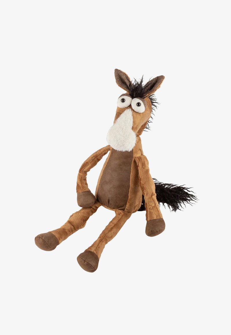 Peluche de cheval marron avec une crinière texturée, de grands yeux et un museau blanc. Corps en tissu doux, membres mobiles et une queue duveteuse.