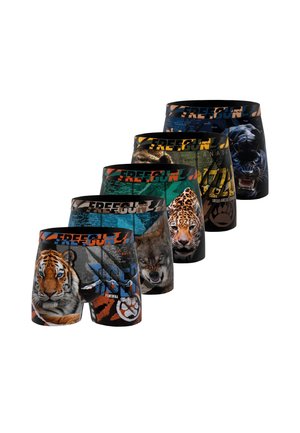 Cinq paires de boxers alignées, chacune avec le visage d'un grand animal sauvage différent et la marque « Freegun » sur la ceinture.