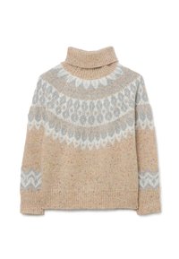 Strickpullover in Beige und Grau. Verfügt über einen hohen Kragen, einen gemusterten Einsatz mit geometrischen Designs und gerippte Bündchen sowie Saum. Weiche Textur.