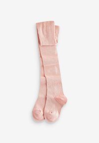 Helle rosa Strumpfhosen aus weichem, elastischem Material mit glatter Textur und verstärktem Fußbereich. Entwickelt, um eng anzuliegen.