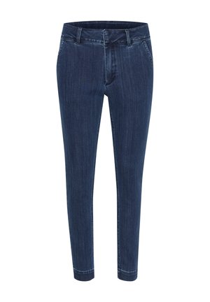 Mørkeblå denimjeans med en tætsiddende design. Har en mellemhøj talje, forlommer og synlige sting langs sømmene.