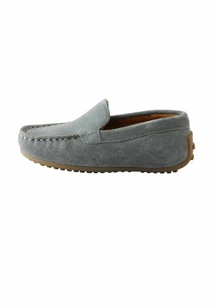 Gray suede men's loafer with brown rubber sole and moccasin-style stitching, viewed from the side against a white background.