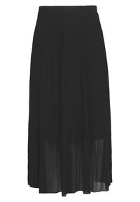 Černá plisovaná maxi sukně vyrobená z lehkého materiálu, která má volný střih a elastický pas pro pohodlí.
