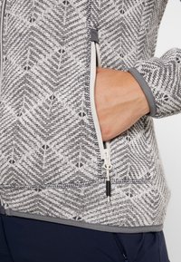 Veste à motifs gris et blancs avec une poche zippée. Caractérisée par une texture douce, un tissu tricoté et des accents gris aux poignets et à l'ourlet.