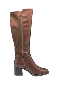 Stivali in pelle marrone al ginocchio con una texture liscia, tacco a blocco, dettagli con zip laterale e un gambale ampio per una facile vestibilità.