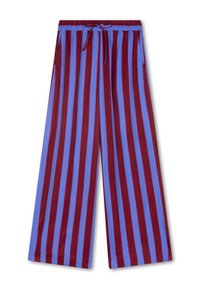 Wijd vallende broek met verticale strepen in bordeauxrood en lichtblauw. Gemaakt van zachte stof met een elastische tailleband en een verstelbaar trekkoord.