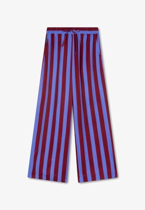Wijd vallende broek met verticale strepen in bordeauxrood en lichtblauw. Gemaakt van zachte stof met een elastische tailleband en een verstelbaar trekkoord.