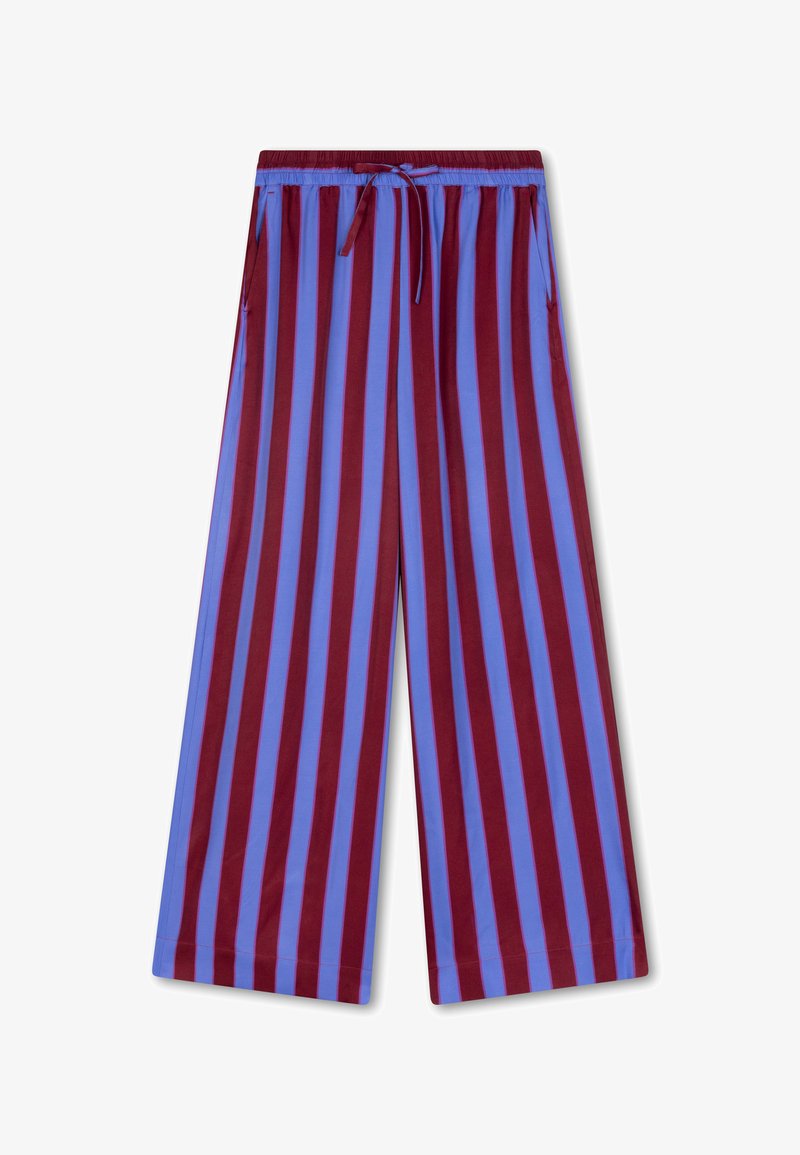 Wijd vallende broek met verticale strepen in bordeauxrood en lichtblauw. Gemaakt van zachte stof met een elastische tailleband en een verstelbaar trekkoord.