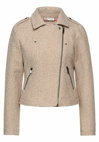 Beige texturovaná bunda s límcem, předním zipem a dvěma bočními kapsami se zipovými uzávěry. Obsahuje epauletky na ramenou.