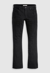 Black denim jeans with a straight leg cut, featuring a classic five-pocket design, subtle vertical texture, and front button closure.