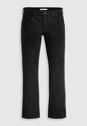 Black denim jeans with a straight leg cut, featuring a classic five-pocket design, subtle vertical texture, and front button closure.