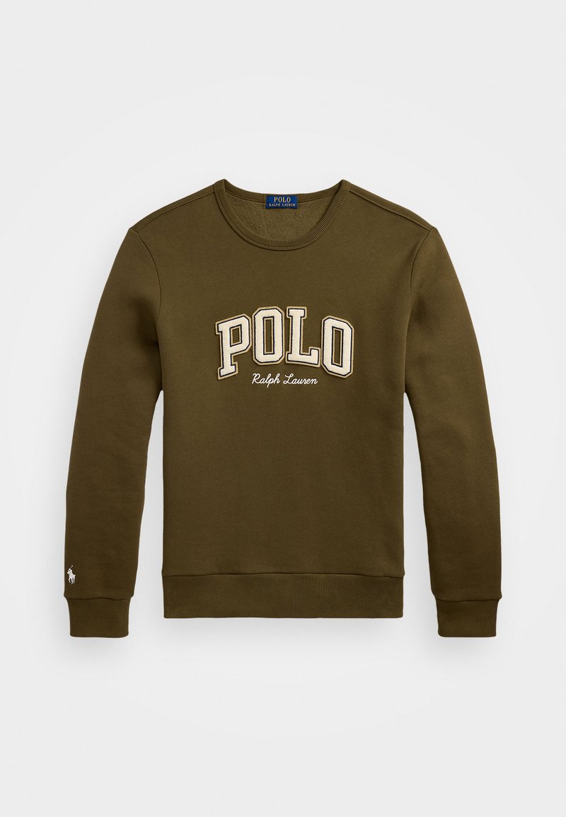 Olive zelený sveter vyrobený z jemnej bavlny, s textúrovaným logom "POLO" a "Ralph Lauren", okrúhlym výstrihom a rebrovanými manžetami a lemom.