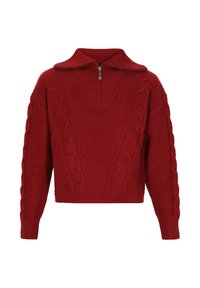 Roter gestrickter Pullover mit hohem Kragen und halbem Reißverschluss. Verfügt über strukturierte Muster, einschließlich Zopfstrick entlang der Ärmel und des Körpers.