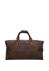 Bolsa de viaje de cuero marrón con dos asas superiores, bolsillo exterior con cremallera y detalles de costura. Forma rectangular con textura suave.