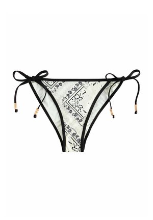 Weißer Bikinihöschen mit schwarzen Blumen- und Herzmustern, schwarzem Besatz und seitlichen Bändern mit goldenen Perlenakzenten.