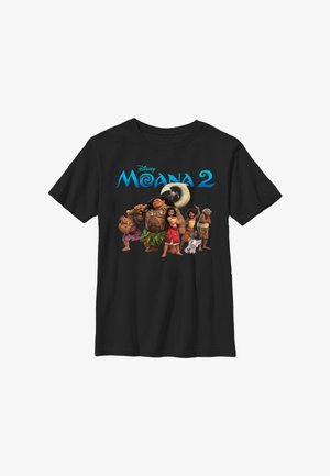 Sort T-shirt med Disney Moana 2-logo og figurerne Moana, Maui og andre, der står sammen med en lille gris foran.