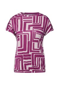 Kortærmet T-shirt i lilla med et geometrisk hvidt mønster. Har rund halsudskæring, afslappet pasform og blødt, åndbart stof.