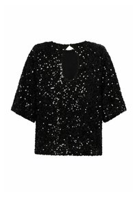 Schwarzes Pailletten-Top mit kurzen Ärmeln, rundem Ausschnitt und offener Rückseite. Die Oberfläche ist vollständig mit reflektierenden Pailletten bedeckt, die einen strukturierten Look erzeugen.