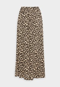 Maxikleid im Leopardenmuster aus weichem Stoff, mit elastischem Bund, fließender Form und kontrastierenden Schwarz- und Beigetönen.