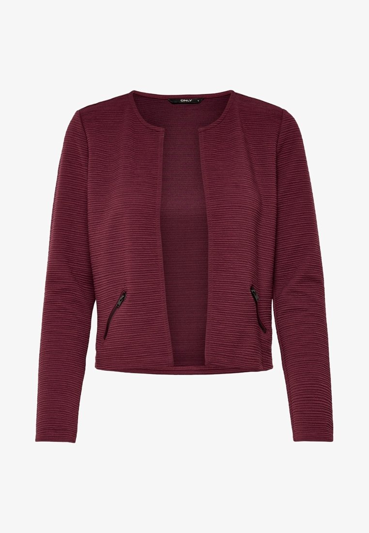 Veste ouvert devant rouge foncé côtelée avec manches longues et deux poches zippées à l'avant.