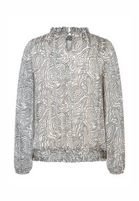 Bluzka z długim rękawem w kolorze kremowym z czarnym wzorem paisley, z dekoltem w łezkę, marszczonym wykończeniem i elastycznym dołem. Miękka, lekka tkanina.