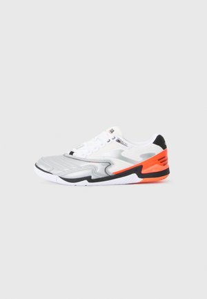 Sport shoe featuring a mesh upper in white and silver, black accents, orange heel support, and textured sole for grip.