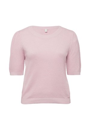 Lichtroze gebreide trui met korte mouwen, ronde hals en gestructureerd patroon, geribbelde manchetten en zoom, weergegeven op een witte achtergrond.