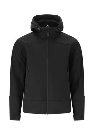 Schwarze Kapuzenjacke mit durchgehendem Frontreißverschluss, seitlichen Reißverschlusstaschen, verstellbaren Handgelenkriemen und Kordelzug an der Kapuze.