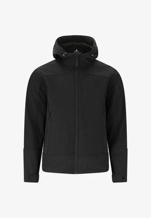 Musta hupullinen takki, jossa täysi vetoketju edessä, vetoketjulliset sivutaskut, säädettävät rannekkeet ja kiristysnyöri hupussa.