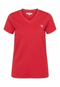 Sarkanais īsām piedurknēm V veida kakla T-krekls, izgatavots no gludas kokvilnas. Tam ir mazs izšūts LOGO kreisajā krūtī. Tīrs dizains bez rakstiem.