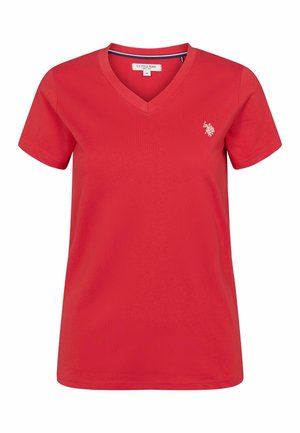 R�ød kortermet V-hals T-skjorte laget av glatt bomull. Har et lite brodert logo på venstre bryst. Rent design uten mønstre.