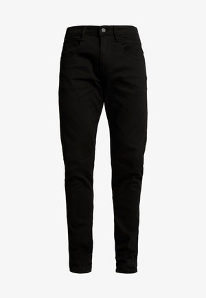 Zwarte denim spijkerbroek met een slim fit, voorzien van vijf zakken, een knoopsluiting en subtiele stiksels. Gladde textuur en uniforme kleur.