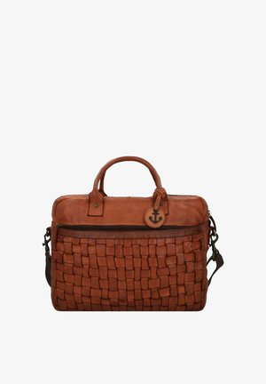 Borsa in pelle marrone con texture intrecciata, chiusura con zip, manici superiori doppi, tracolla rimovibile e un tag a forma di ancora.