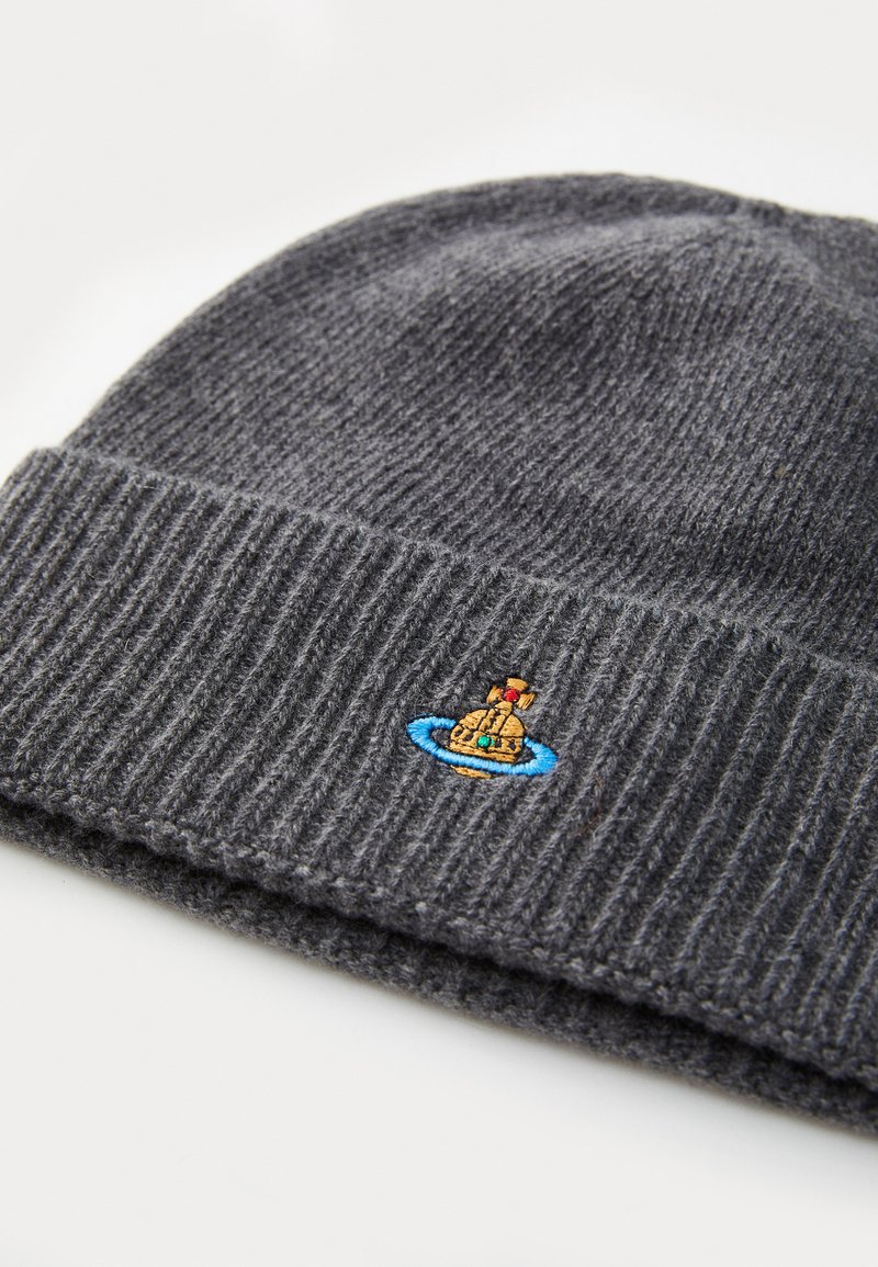 Gray knitted beanie with a ribbed texture. Features blue and yellow embroidered submarine design on the front. Soft, warm material.