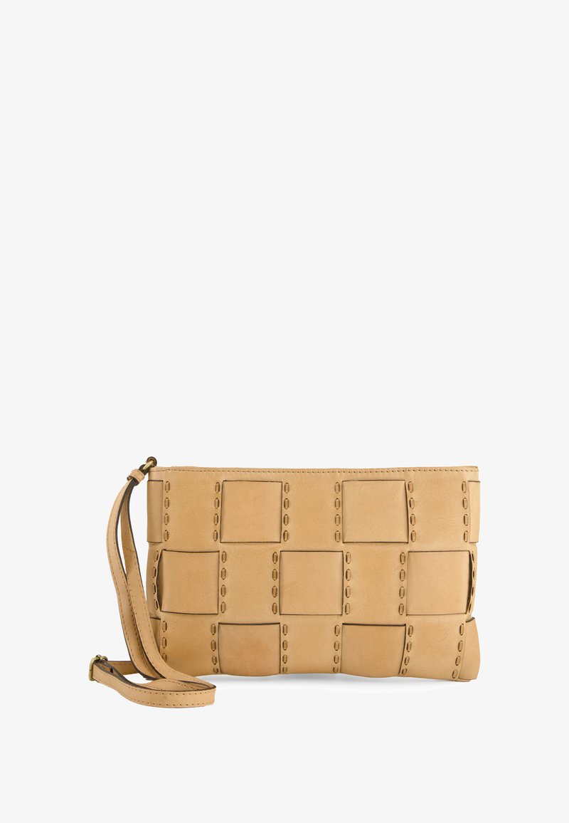 Beige leather clutch with a rectangular shape, featuring a quilted design of stitched squares and a detachable strap. Smooth texture.