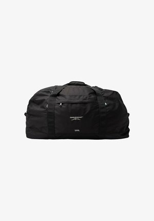 Borsa a duffel nera con capacità di 100 litri, realizzata in tessuto resistente. Caratterizzata da manici doppi e una tasca frontale con zip. Branding minimale visibile.
