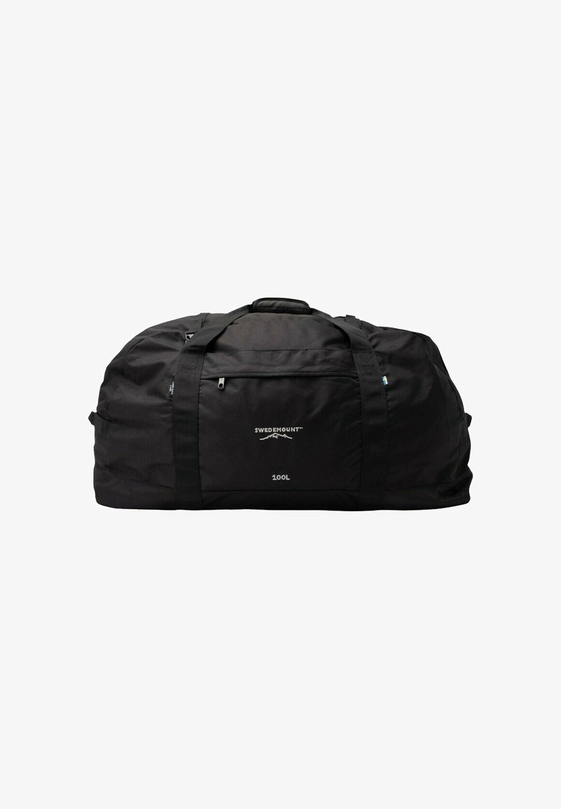 Black duffel bag, 100L capacity, durable fabric with thick handles, featuring a front pocket and logo detail. Smooth texture, spacious design.