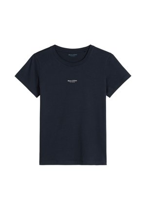 Marineblauw T-shirt met korte mouwen en ronde hals, met een klein wit "Marc O'Polo"-logo in het midden van de borst.