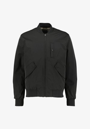 Black bomber jacket with a zip front, ribbed collar and cuffs, two front pockets, and a snap-button detail on the chest. Smooth texture.