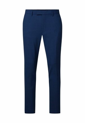 Marineblaue maßgeschneiderte Hose mit glatter Textur, Slim-Fit und flachem Bund. Verfügt über Gürtelschlaufen und einen verdeckten Hakenverschluss.