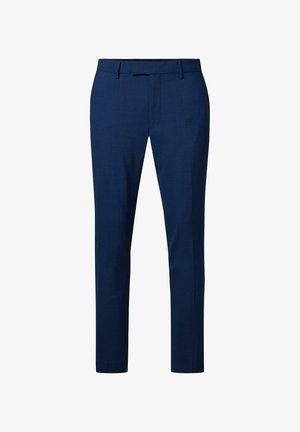 Marineblaue maßgeschneiderte Hose mit glatter Textur, Slim-Fit und flachem Bund. Verfügt über Gürtelschlaufen und einen verdeckten Hakenverschluss.