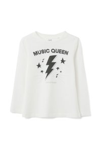 Wit shirt met lange mouwen met een "Music Queen"-afbeelding, met een zwarte bliksemschicht en sterren, gemaakt van zacht katoenen stof.