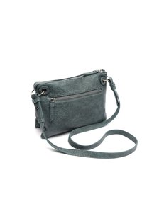 Skórzana torebka crossbody w stonowanym odcieniu teal z teksturowaną powierzchnią, wyposażona w dwa zamykane na zamek przegrody i odczepiany pasek na ramię.